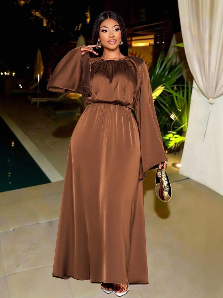 SOLERSUN Plus Size Women's Fashion Solid Color Satin Shiny Fabric Round Neck Elastic Waist Slimming Elegant Exquisite Loose High-End Temperament Light Luxury Long A-Line Big Flared Long Sleeve Dress, Maxi Dress, Daily Commuting All-Match Women's Clothing, New Style, Music Festival, Party, Birthday Party, Solid Color Dress, Christmas, New Year, Fall, Winter,Modest