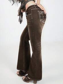 Grunge Punk ROMWE X Isabelle Nguyen Women's Leopard Embroidered Pocket Flare Leg Skinny Jeans - Brown - View 3