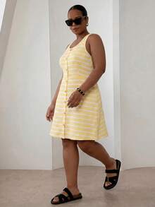 ELLERISSA Plus Size Yellow & White Stripe Round Neck Sleeveless Front Button Waffle Knit Mini Dress - Multicolor - View 4