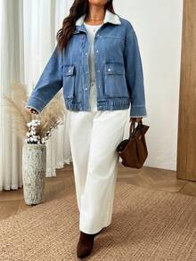 Elaquor Plus Size Women's Zipper Front Long Sleeve Turn-Down Collar Denim Jacket Warm Fur Patchwork Autumn Casual Baggy Going Out Tops Formal Blue And White - Blue - View 6