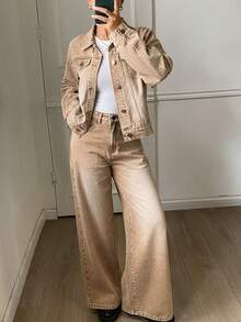 DAZY Women's Solid Color Single-Breasted Long Sleeve Top And Pants Casual Daily Denim Set Fall - Brown - View 1