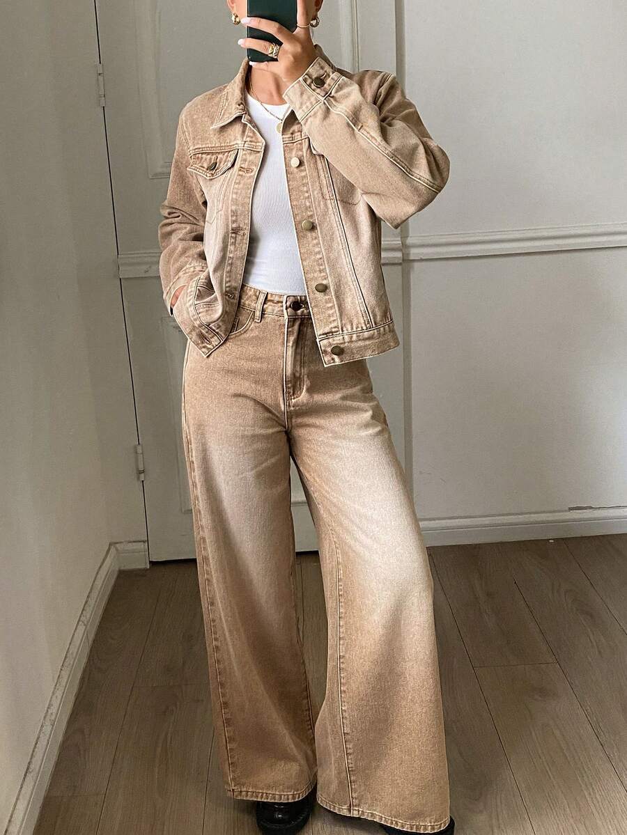 DAZY Women's Solid Color Single-Breasted Long Sleeve Top And Pants Casual Daily Denim Set Fall - Brown - View 1