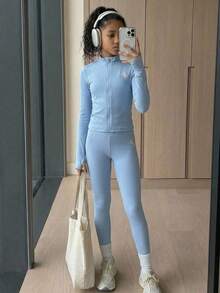 SHEIN Tween女孩純色紋理休閒長袖運動服，兒童秋冬套裝 - 淺藍色 - 查看 1