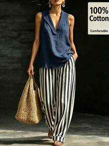 Linhara CURVE Plus Size Vacation Casual Sailor Tank Top Striped Pants 2 Pieces Set Brunch Formal Navy Blue Summer - Blue and White - View 5