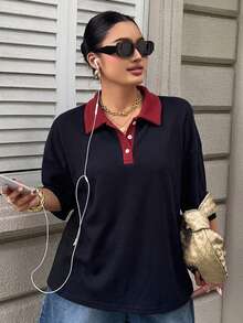 Livesso 對比色拼接寬鬆條紋 Polo 領中袖休閒夏季大尺碼女款 T-shirt - 黑色 - 查看 2