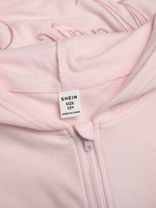 SHEIN Tween女孩秋冬休閒優雅度假風 粉色針織連帽貼布口袋刺繡拉鍊長袖修身夾克與長褲兩件套 - 粉色 - 查看 8