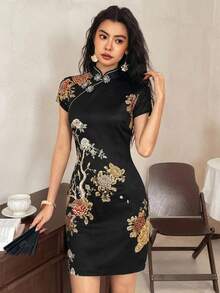 EastFlair 女士优雅新款中国风碎花修身连衣裙，夏季 - 黑色和金色 - 查看 3