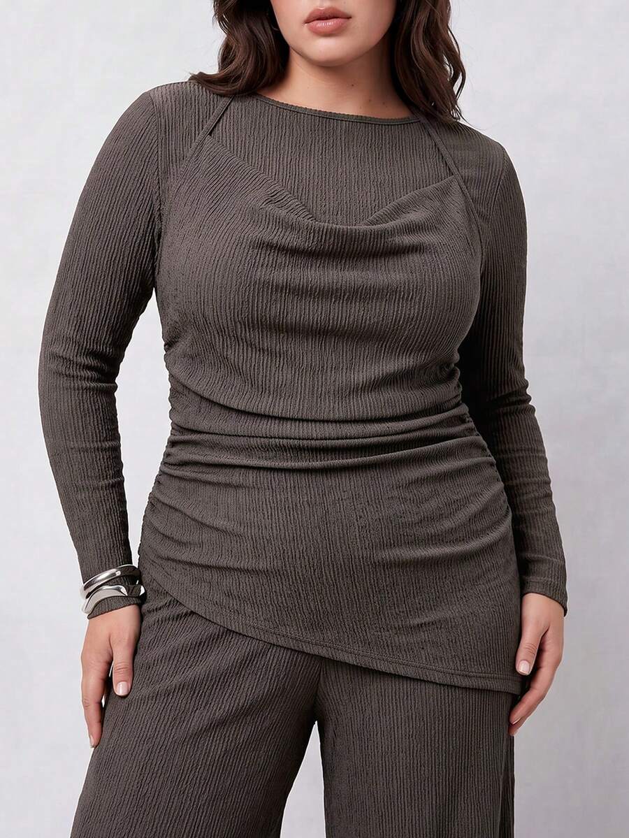 Solavibe Plus Size Women Ruched Asymmetric Hem Long Sleeve Halter Neck T-Shirt Pants Elegant 2 Pieces Set Fall Brunch Party Evening Office Dinner Brown - Brown - View 1