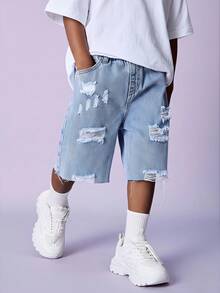 SHEIN Celana Pendek Denim Bermuda Longgar Warna Biru Muda Sobek Kasual untuk Anak Laki-Laki, Cocok untuk Pemakaian Sehari-hari di Musim Semi dan Musim Panas - Dusty Purple - View 4