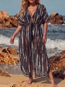 SHEIN Swim 夏季海灘度假流蘇裝飾大尺碼女款紮染和服式開襟衫 - 黑與白 - 查看 2