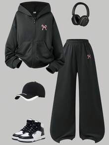 SHEIN Genkimix Kids 2件組 青少年女孩套裝 連帽長袖前開拉鍊短版外套，腰部與袖口收緊，搭配鬆緊腰寬鬆寬腿休閒運動長褲，秋冬款 - 深灰色 - 查看 1