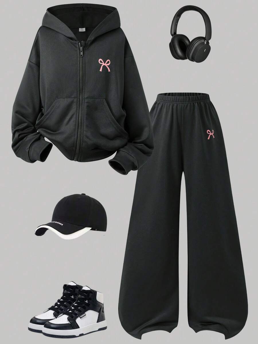 SHEIN Genkimix Kids 2件組 青少年女孩套裝 連帽長袖前開拉鍊短版外套,腰部與袖口收緊,搭配鬆緊腰寬鬆寬腿休閒運動長褲,秋冬款 - 深灰色 - 查看 1