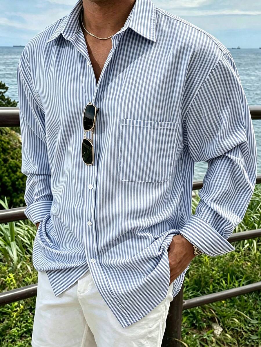 Claim Dot Men's Striped Single-Breasted Casual Pocket Long Sleeve Shirt - Blue - View 1