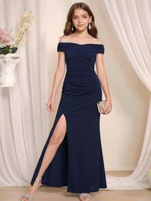 SHEIN Pitira Teen Girls' Off-Shoulder Navy Blue Ruched Waist Mesh Bodycon Slit Front Formal Dress - Royal Blue - View 4