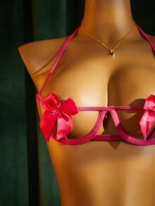 SHEIN Set de lencería con abertura con diseño de lazo con aro - Rosa Fucsia - Ver 3