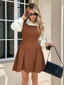 Serisse Women's Fashion Casual Solid Color Shirt & Bib Skirt 2 Pieces Set - Brown - View 6