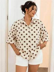 SHEIN Frenchy Vintage Polka Dot Plus Size Women's Short Sleeve Single Breasted Shirt Fall - Multicolor - View 3