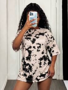 BamGleam Tie Dye Drop Shoulder Tee Dress - Black and White - View 2