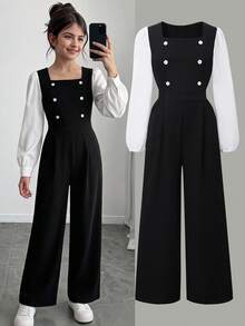 SHEIN Girls' Puff Sleeve Fitted Jumpsuit, Back Zipper Colorblock Wide Leg,Back-To-School,Cute,Vacation - Black - View 1