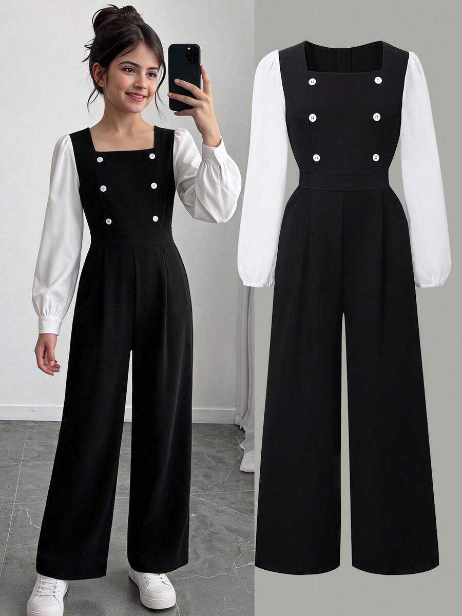 SHEIN Girls' Puff Sleeve Fitted Jumpsuit, Back Zipper Colorblock Wide Leg,Back-To-School,Cute,Vacation - Black - View 1