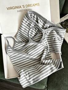 Franclia 女款休閒度假條紋細肩帶背心與短褲兩件套 - 淺灰色 - 查看 4