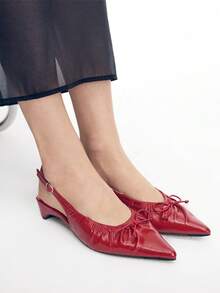 Mnmlis Elegant Pleated Bow Pointy Strap Rear Low Heel Retro French Red Shoes Commuter Dating Party Everyday Wear - Red - View 4