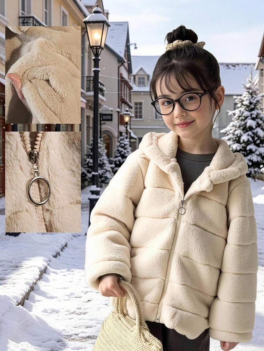 Girls' Fuzzy Plaid Symmetrical Pattern Hooded Casual Versatile Jacket, Suitable For Daily Wear Fall Winter - Khaki - View 1