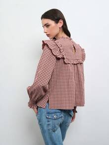 Nöista Light Brown Plaid Top Ruffles, Loose-Fitting Straight Cut, Sweet,Cute, Ruffled . Comfortable, Everyday Wear  Casual, Youthful Vibe.Fall/Winter,. - Pink - View 5
