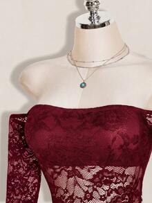 SHEIN ICON 女款蕾絲露肩性感百搭長袖連身衣 - 酒紅色 - 查看 9