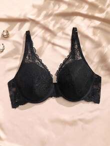 Charlaine Bra Berkawat Renda Katun Ukuran Plus Seksi Prancis, Minimizer untuk Payudara Besar, 1 buah Hitam Musim Panas - Hitam - View 1