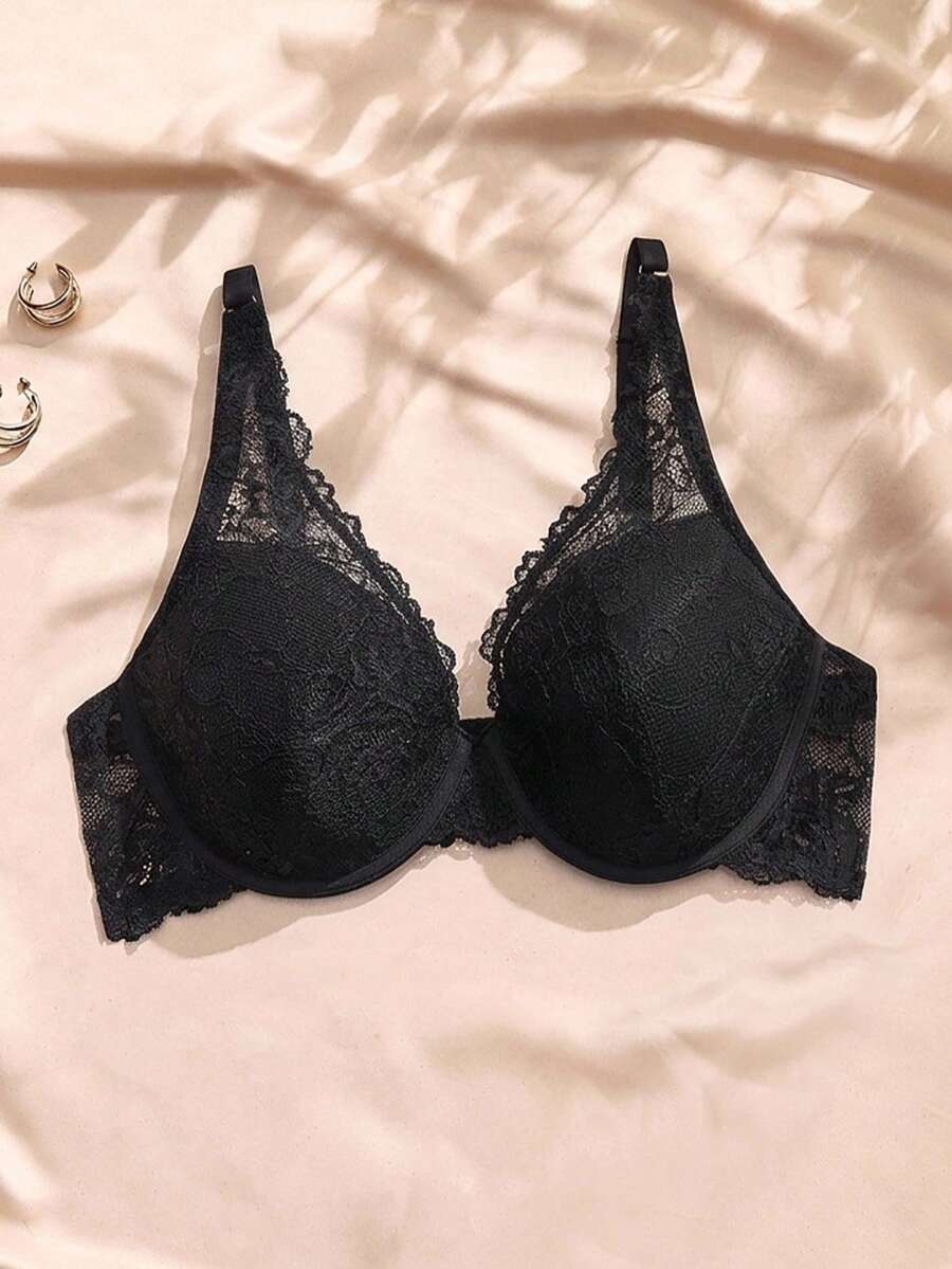 Charlaine Bra Berkawat Renda Katun Ukuran Plus Seksi Prancis, Minimizer untuk Payudara Besar, 1 buah Hitam Musim Panas - Hitam - View 1
