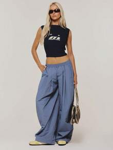 MUSERA Blue Textured Crinkle Graphic Logo Crop Top Winter Casual Day Outfit Cool  Blue Womens Top - Navy Blue - View 3