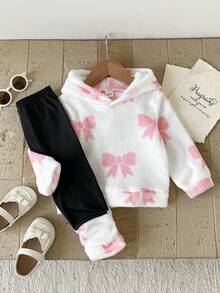 SHEIN Playful Pals 2件組嬰幼兒女童甜美粉白蝴蝶結圖案毛絨連帽長袖衛衣與黑色長褲套裝，日常秋冬穿著 - 淺粉色 - 查看 8