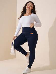 Comfylo Plus Size Women's Letter Print Denim High Waist Casual Leggings - Blue - View 5