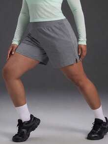 Powerista Women's Plus Size Floral Grey Fitted Zipper Pocket Sports Shorts For Gym Running Indoor Outdoor Apparel Breathable Lightweight Quick-Dry - Grey - View 7
