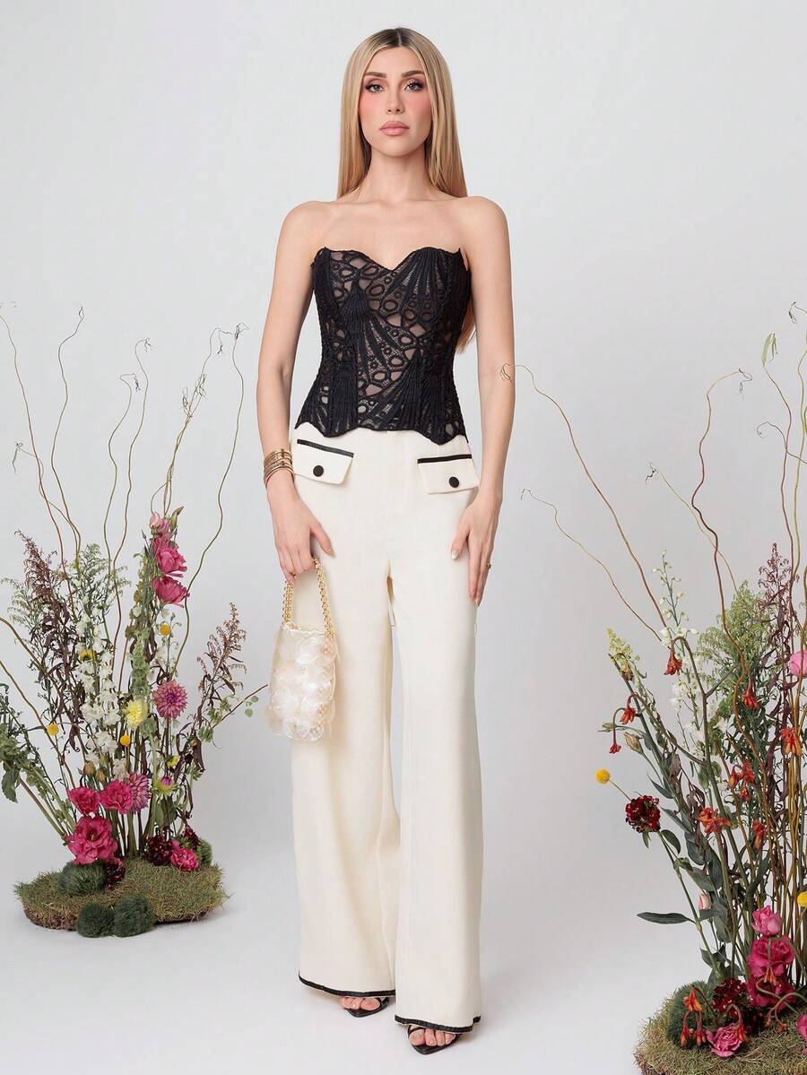 PRISCILA ESCOTO PRISCILA ESCOTO 波西米亚风撞色丝带纽扣宽松高腰阔腿裤,优雅时尚,适合春夏度假 - 杏色 - 查看 1