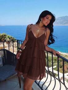 Aloruh Women's Solid Color Spaghetti Strap Backless Multi-Layer Ruffle Mini Dress For Vacation And Beach - Brown - View 7
