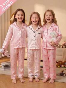 SHEIN 女童簡約休閒舒適緞面粉色素色圖案長袖居家服套裝 RANDOM3 SETS 隨機發 1 套 - 粉色 - 查看 3