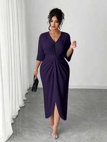 Elenzga Vestido ajustado con cuello en V y cintura ceñida para tallas grandes - Morado - Ver 3
