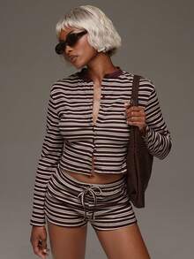 Normani Women's Fashion Striped Button Long Sleeve Top And Drawstring Waist Shorts 2 Pieces Set - Chocolate Brown - View 1