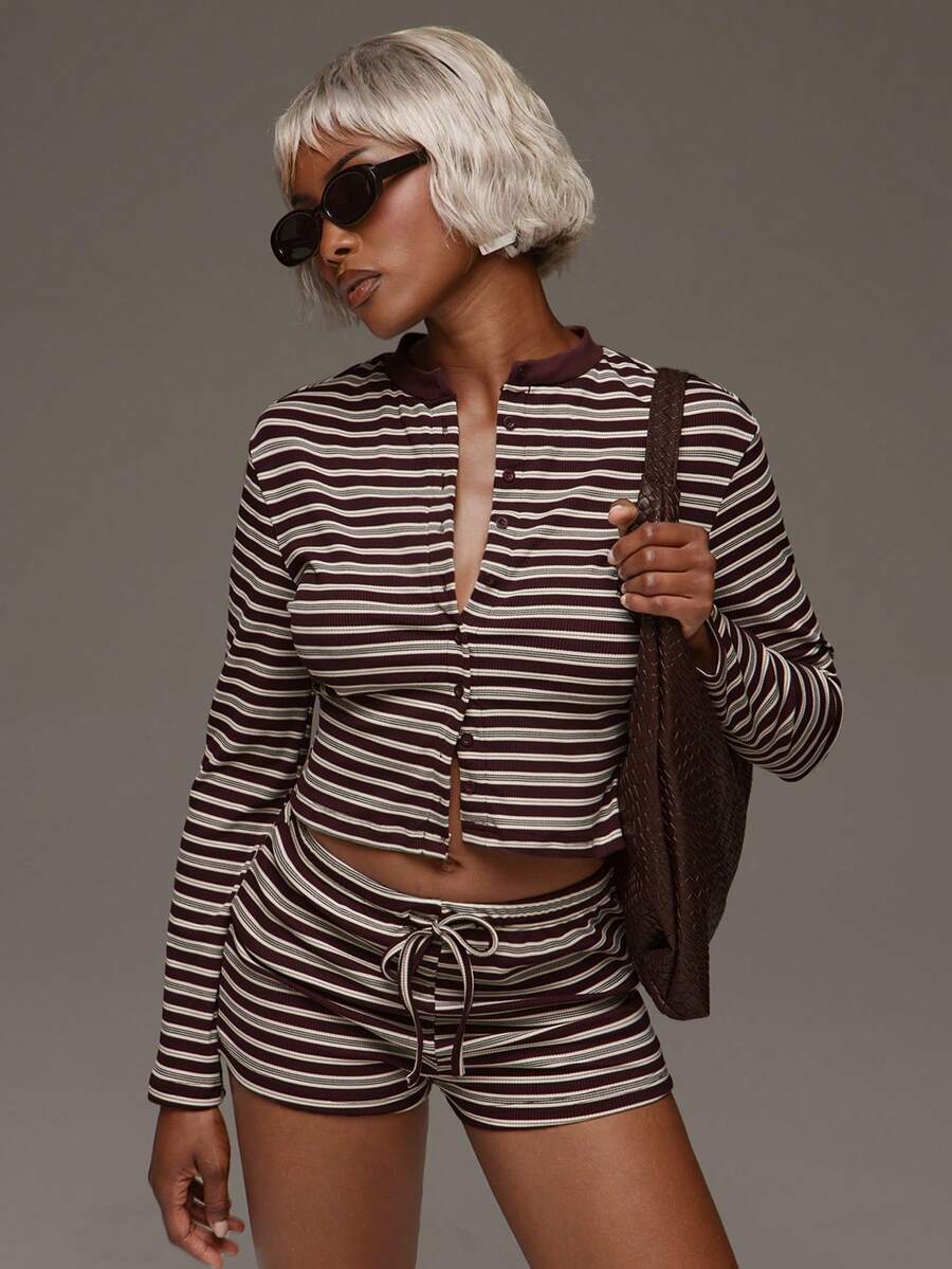 Normani Women's Fashion Striped Button Long Sleeve Top And Drawstring Waist Shorts 2 Pieces Set - Chocolate Brown - View 1