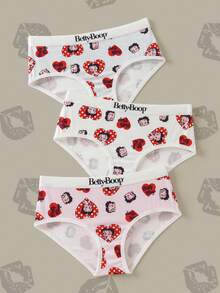 Betty Boop x SHEIN 女款波點愛心卡通印花三角內褲 - 白色 - 查看 3