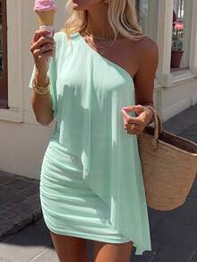 Aloruh Women's Solid Color One-Shoulder Mini Beach Vacation Dress For Vacation Mint Green Summer Sexy Tropical - Mint Green - View 4