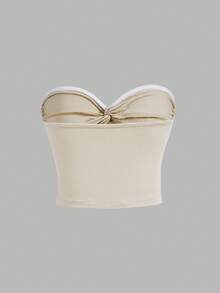 SHEIN x Marika Sila SHEIN MOD Top tubo de verano de punto acanalado con detalle de nudo adelante - Beis - Ver 2