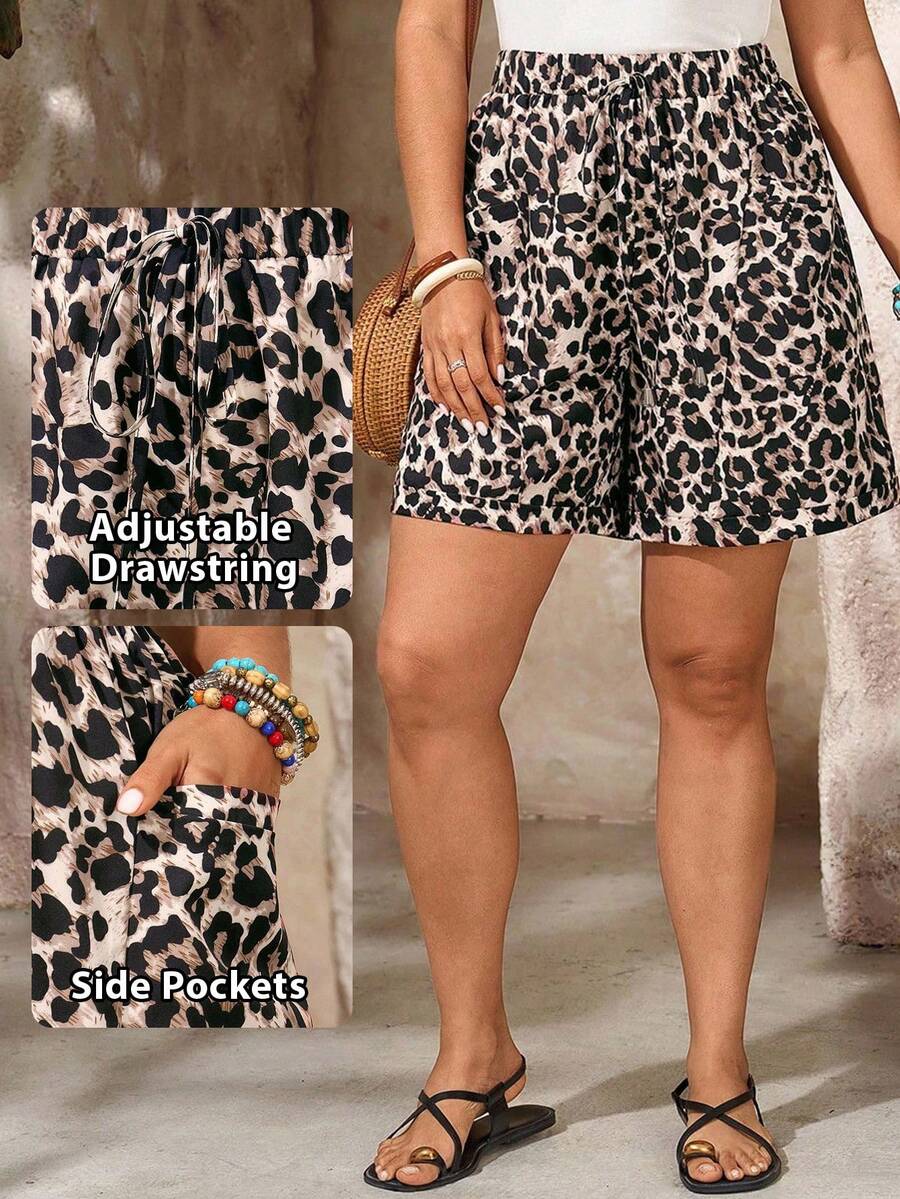 EMERY ROSE Plus Size Women Leopard Print Drawstring Pocket Casual Palazzo, Women Summer Clothes,Spring - Multicolor - View 1
