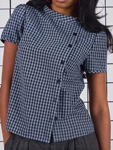 COUREZ Short Sleeve Micro Check Asymmetric Button Front Top /Y2K Spring Clothes For Women Cute Cottagecore Tops Going Out Party Outfits Summer Tops Summer Outfits - Multicolor - View 7