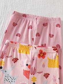 SHEIN Vintaside Kids 4件套女婴针织圆领短袖裤套装，卡通可爱花卉、植物、动物、狗狗、彩虹印花，浅粉色和粉粉色组合，休闲简约舒适紧身室内睡衣，夏季 - 粉色 - 查看 4