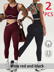 SHEIN Velisys Women's Colorblock Cropped Top And Leggings Casual Daily Sports Set - Multicolor - View 1