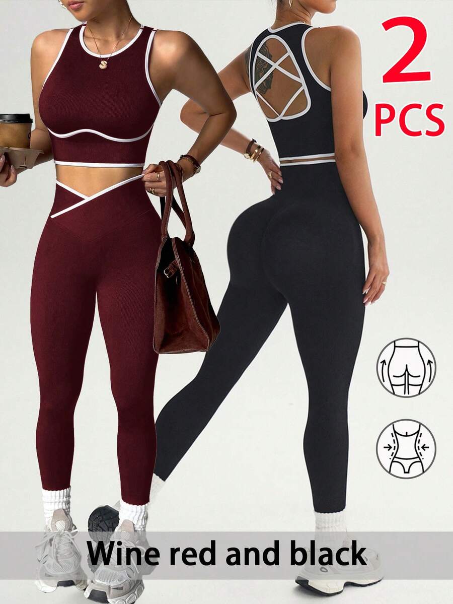 SHEIN Velisys Women's Colorblock Cropped Top And Leggings Casual Daily Sports Set - Multicolor - View 1