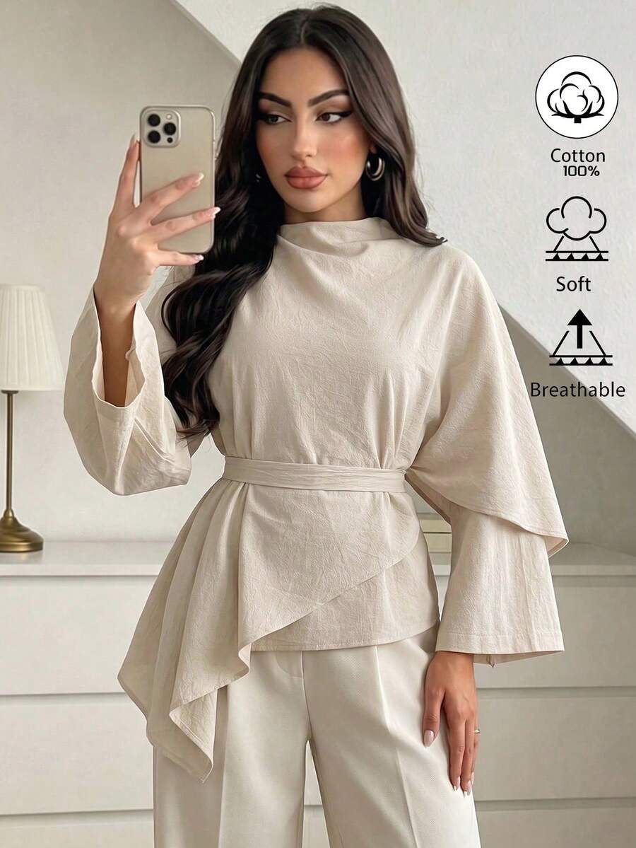 Elenzga Apricot Textured Washed Linen Asymmetrical Wrap Long Top With Belt, Lazy Minimalist Elegant Shirt, Suitable For Home, Office And Street Wear - Apricot - View 1